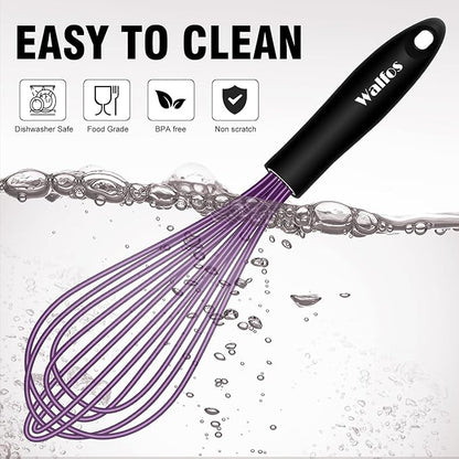 Walfos Whisk, Silicone Whisks Set of 5, Mini Stainless Steel Whisk 7+5in & Non Scratch Coated 7+9+11in Whisks, Suitable for Blending, Whisking, Beating, Frothing & Stirring. (Purple) - Image 9