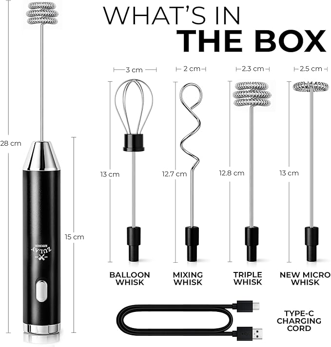 Zulay Kitchen Metal Rechargeable Milk Frother, 3 Whisk Attachments Handheld Frother Wand, 1800mAh USB-C Charging, Electric Drink Mixer for Protein, Matcha & Powders - One Charge Lasts up to 6 Months - Image 7