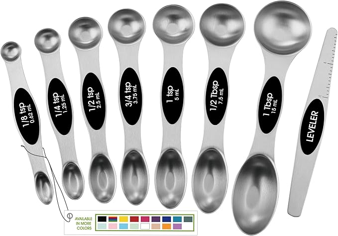 Spring Chef Stainless Steel Magnetic Measuring Spoons Set with Strong N45 Magnets, Heavy Duty Metal Kitchen Gadgets for Baking & Cooking, Fits in Most Kitchen Spice Jars, Set of 8 with Leveler, Black by SpringChef