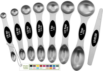 Spring Chef Stainless Steel Magnetic Measuring Spoons Set with Strong N45 Magnets, Heavy Duty Metal Kitchen Gadgets for Baking & Cooking, Fits in Most Kitchen Spice Jars, Set of 8 with Leveler, Black by SpringChef
