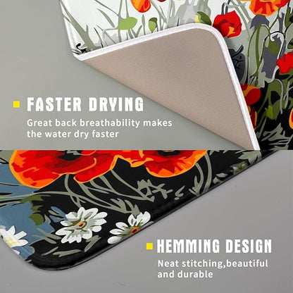 Giwawa Poppy Dish Drying Mat 16x18 inch for Kitchen Vintage Red Orange Floral Dish Drying Pad Oil Painting Flower Dish Drainer Mats Absorbent Microfiber Protector for Countertop Coffee Bar