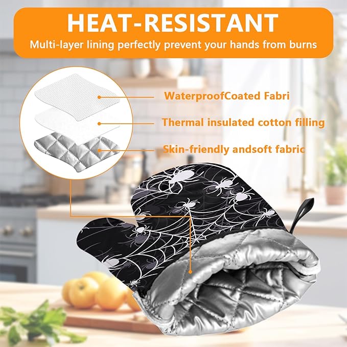 Spider Web Oven Mitts and Pot Holders Sets 4Pcs,Extra Long Oven Gloves Potholder for Kitchen Cooking Baking BBQ 100% Cotton Heat Resistant - Image 3