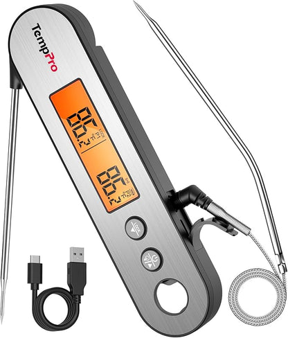 TempPro TP610 Rechargeable Instant Read Thermometer for Cooking, Stainless Steel Meat Thermometer Digital with Alarm, Waterproof Cooking Thermometer for Grill, Smoker, BBQ, Oven(Previously ThermoPro) by TempPro