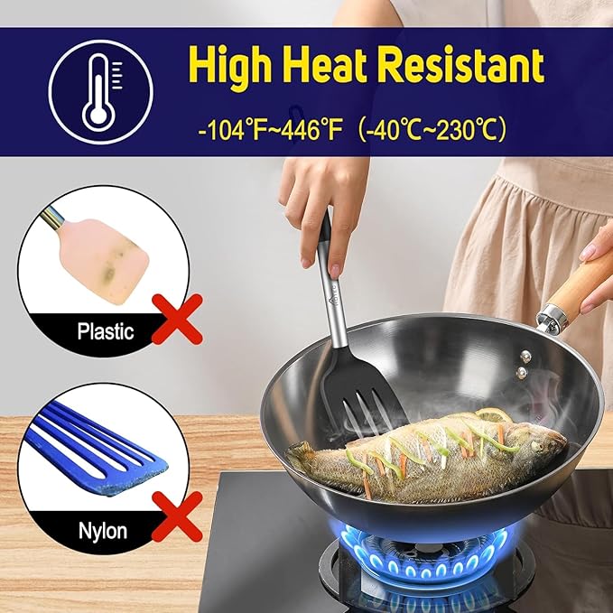 HOTEC Silicone Spatula Set of 2, High Heat-Resistant & BPA-Free Kitchen SaptulaTurner with Stainless Steel Handles, Slotted & Solid Spatulas for Nonstick Cookware, 13.7 Inch, Black