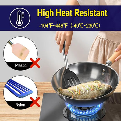 HOTEC Silicone Spatula Set of 2, High Heat-Resistant & BPA-Free Kitchen SaptulaTurner with Stainless Steel Handles, Slotted & Solid Spatulas for Nonstick Cookware, 13.7 Inch, Black
