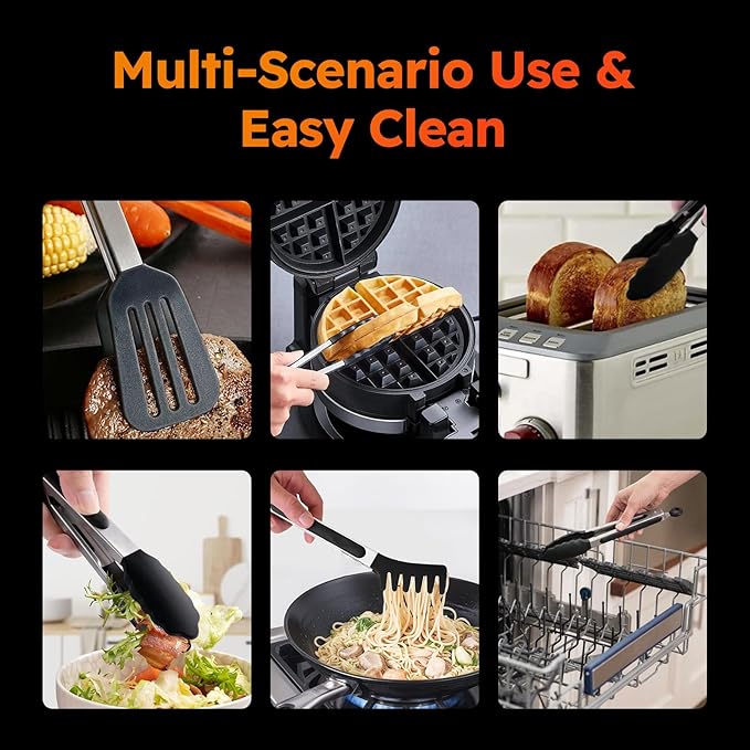 HST Tongs for Cooking with Silicone Tips(3 Pack), Non Stick Kitchen Tongs with Silicone Tip for Cooking BBQ Baking (9", Black) - Image 5