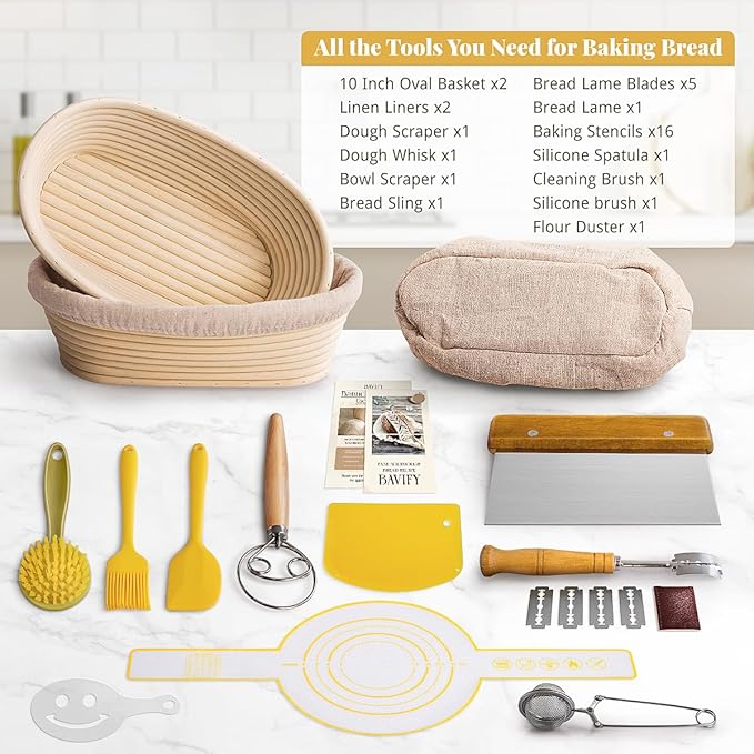 Sourdough Starter Kit, Banneton Bread Proofing Baskets Set, Sourdough Bread Baking Supplies Making Tools with Dough Scraper, Whisk, Bread Lame, Recipe - Image 6