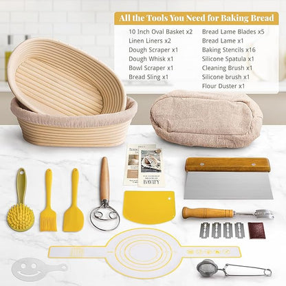 Sourdough Starter Kit, Banneton Bread Proofing Baskets Set, Sourdough Bread Baking Supplies Making Tools with Dough Scraper, Whisk, Bread Lame, Recipe - Image 6