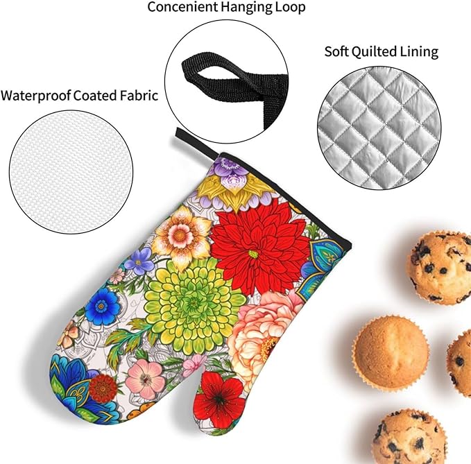 Boho Floral Oven Mitts and Pot Holders Set of 3,Cute Colorful Flowers Heat Resistant Non Slip Kitchen Oven Mitts and Hot Pads for Cooking, Kitchen Gifts for Baking Lovers, Housewarming Gifts for Women