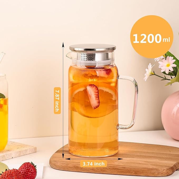 Set of 2 Glass Pitcher with Lid, 1200ml Leak Proof,Glass Water Jugs, BPA-Free,Microwave & Dishwasher Safe Pitcher,Sun & Iced Tea, Sangria,Cold Brew Coffee & More - Image 2