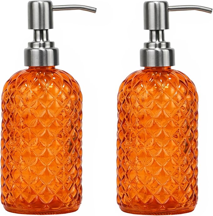 16 oz Diamond Pattern Glass Soap Dispenser, Kitchen and Bathroom Refillable Soap Dispenser with Rust Resistant Stainless Steel Pump for Hand Soap, Lotion Glass Liquid Dispenser (2pack) by SDlumeiy