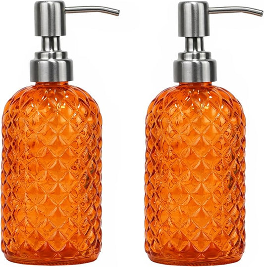 16 oz Diamond Pattern Glass Soap Dispenser, Kitchen and Bathroom Refillable Soap Dispenser with Rust Resistant Stainless Steel Pump for Hand Soap, Lotion Glass Liquid Dispenser (2pack) by SDlumeiy