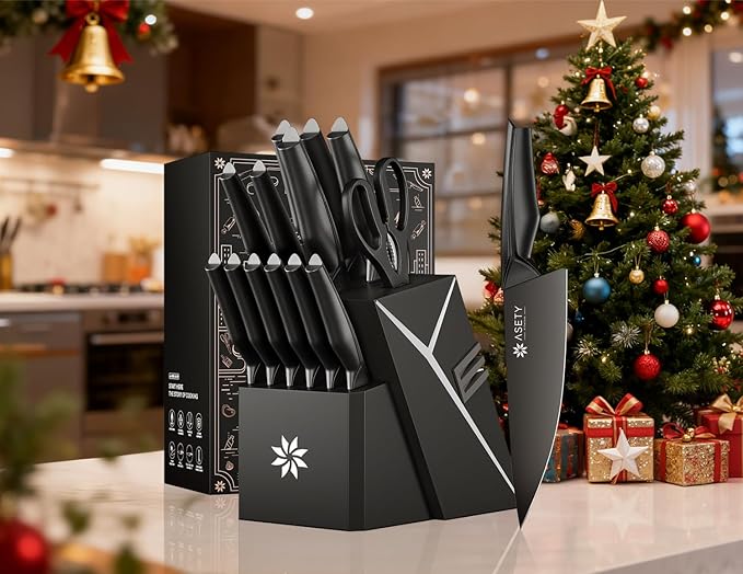 Kitchen Knife Sets with Block -15 PCS Knife Set with Bulti-in Sharpener, Dishwasher Safe, Stainless Steel Kitchen Knife with Ergonomic Handles, Sharp knives for Men and Women,Mothers Day, Black - Image 6