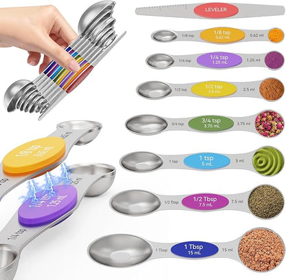 Magnetic Measuring Spoons Set of 8 - Heavy Duty 304 Stainless Steel, Triple Measurement Markings, Strong N52 Magnets, Easy to Clean, Space-Saving with Leveler Included (Colorful) by Abtrino