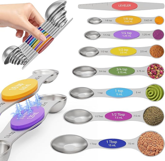 Magnetic Measuring Spoons Set of 8 - Heavy Duty 304 Stainless Steel, Triple Measurement Markings, Strong N52 Magnets, Easy to Clean, Space-Saving with Leveler Included (Colorful) by Abtrino