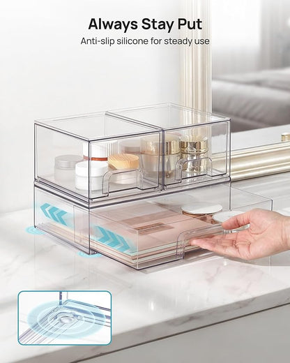 Vtopmart Stackable Storage Drawers Set of 4, Clear Plastic Organizer Bins for Bathroom Supplies,Ideal for Cabinet,Pantry,Laundry Room Organization - Image 7