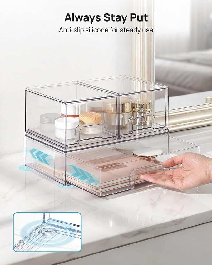 Vtopmart Stackable Storage Drawers Set of 3,Clear Plastic Organizer Bins for Makeup, Cosmetics, Beauty Supplies,Ideal for Vanity, Bathroom,Cabinet,Pantry Organization - Image 10