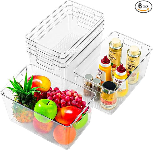 Freebat 6 Pack Large Clear Plastic Storage Bins,Plastic Containers with Handle for Pantry Organizer and Storage,Perfect for Kitchen,Fridge,Cabinet, Closet,Bathroom Under Sink Storage by Freebat
