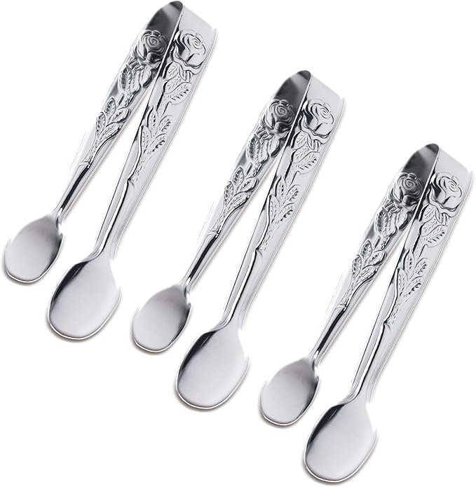 3PCS Mini Serving Tongs, 4Inch Rose Stainless Steel Sugar Cube Tongs, Sliver Small Ice Tong for Tea and Coffee Party, Appetizers, Desserts by Sunenlyst (Silver) by Sunenlyst
