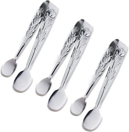 3PCS Mini Serving Tongs, 4Inch Rose Stainless Steel Sugar Cube Tongs, Sliver Small Ice Tong for Tea and Coffee Party, Appetizers, Desserts by Sunenlyst (Silver) by Sunenlyst