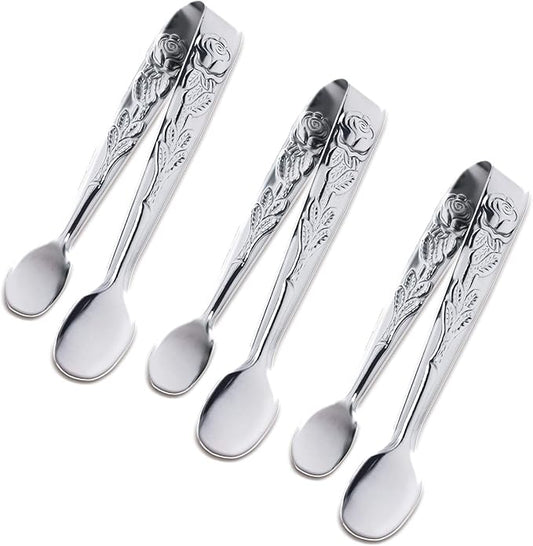 3PCS Mini Serving Tongs, 4Inch Rose Stainless Steel Sugar Cube Tongs, Sliver Small Ice Tong for Tea and Coffee Party, Appetizers, Desserts by Sunenlyst (Silver) by Sunenlyst