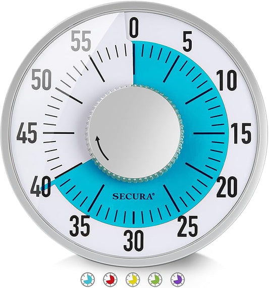 Secura 60-Minute Visual Timer 6-Inch Mechanical Countdown Timers for Teaching, Meeting, Cooking, Working - Timer for Kids with Magnetic Backing, Foldable Legs, Hanging Hole (Blue)