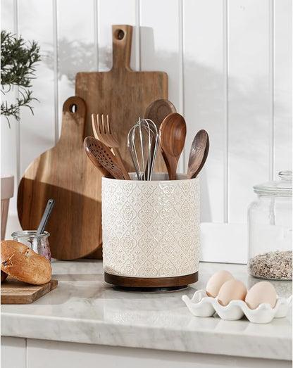 Kitchen Utensil Holder, 360° Rotating Extra Large Ceramic Utensil Holder with Embossed Pattern, 7.3” Cooking Utensil Crocks for Kitchen Countertop, Home Decor, Off-White - Image 3