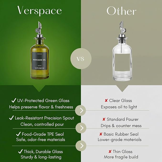 Verspace UV-Protected Green Glass Olive Oil Dispenser Bottles For Kitchen - 2 Pack - 17oz Includes 40 Kitchen Essential Labels, Avocado Oil Dispenser Set, Modern Decor for Home, Airbnb, Cafe - Image 3