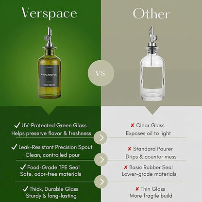 Verspace UV-Protected Green Glass Olive Oil Dispenser Bottles For Kitchen - 2 Pack - 17oz Includes 40 Kitchen Essential Labels, Avocado Oil Dispenser Set, Modern Decor for Home, Airbnb, Cafe - Image 3