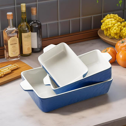 Casserole Dishes for Oven, Ceramic Baking Dishes, Lasagna Pan with Handles, Porcelain Baking Pan Deep, Bakeware for Baking, Cooking, Wedding Gift, Set of 3 (11.6" x 7.8", Dark Blue) - Image 8