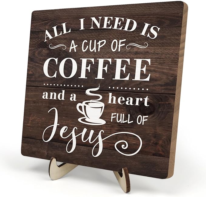 Coffee Bar Sign Plaque Decor-A Heart Full of Jesus,Cafe Bar Accessories,Christian Rustic Wooden Tabletop Plaque with Stand, Faith Scripture Mini Counter Sign for Kitchen Coffee Station Office 5.9x5.9 by DMADNF