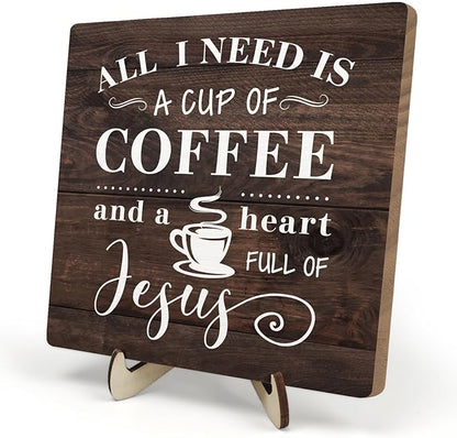 Coffee Bar Sign Plaque Decor-A Heart Full of Jesus,Cafe Bar Accessories,Christian Rustic Wooden Tabletop Plaque with Stand, Faith Scripture Mini Counter Sign for Kitchen Coffee Station Office 5.9x5.9 by DMADNF