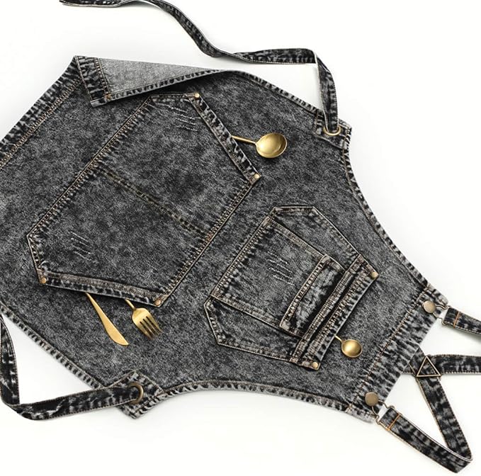 Jeanerlor - Denim Apron with Pockets for Hair Stylist Gardening Craftsmen Barista Women Hairdresser Jean Work Apron Cross Straps & Adjustable S to L (Black) - Image 5