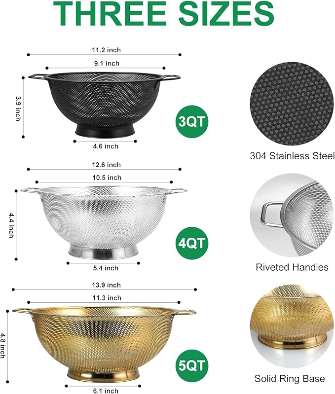 3PCS Three Colors Mix Colander Set, 3QT Black & 4QT Silver & 5QT Gold, Stainless Steel Pasta Strainer with Handle for Prepping Washing Draining Storing Food, Dishwasher Safe - Image 4