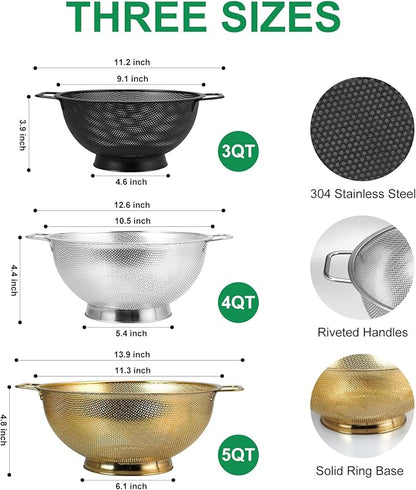 3PCS Three Colors Mix Colander Set, 3QT Black & 4QT Silver & 5QT Gold, Stainless Steel Pasta Strainer with Handle for Prepping Washing Draining Storing Food, Dishwasher Safe - Image 4