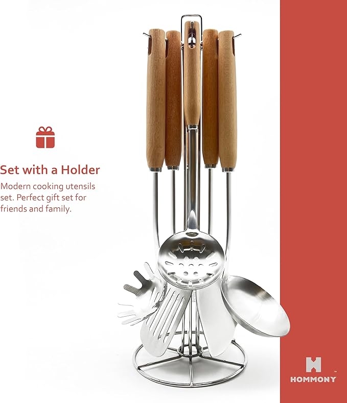 Cooking Utensils Set, 8-Piece 304 Stainless Steel Kitchen Tool Sets with Holder, Wooden Handle Heat Resistant Kitchen Cookware Set, Gadgets Tools Set Gift - Image 4