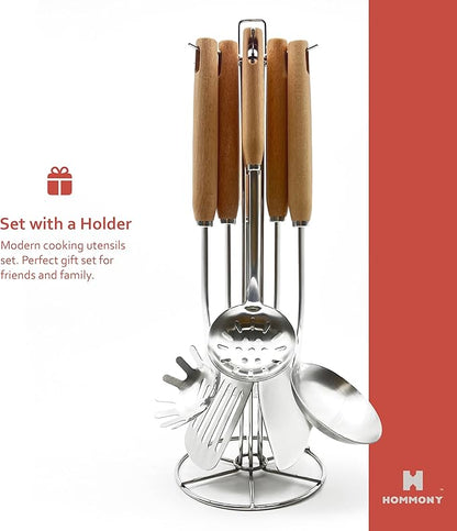 Cooking Utensils Set, 8-Piece 304 Stainless Steel Kitchen Tool Sets with Holder, Wooden Handle Heat Resistant Kitchen Cookware Set, Gadgets Tools Set Gift - Image 4