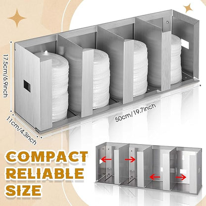 Hicarer 4 Compartments Stainless Steel Cup Dispenser with Adjustable Dividers Silver Cup and Lid Holder Lid Organizer Storage for Cabinet Kitchen Cafe Tea Shop Restaurant, Silver - Image 2