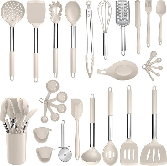 E-far Silicone Cooking Utensils Set, 30 Pcs Heat Resistant Kitchen Utensils with Stainless Steel Handle, Heat Resistant Kitchen Spatulas Turner Tong Spoon Whisk Ladle for Nonstick Cookware, Khaki by E-far