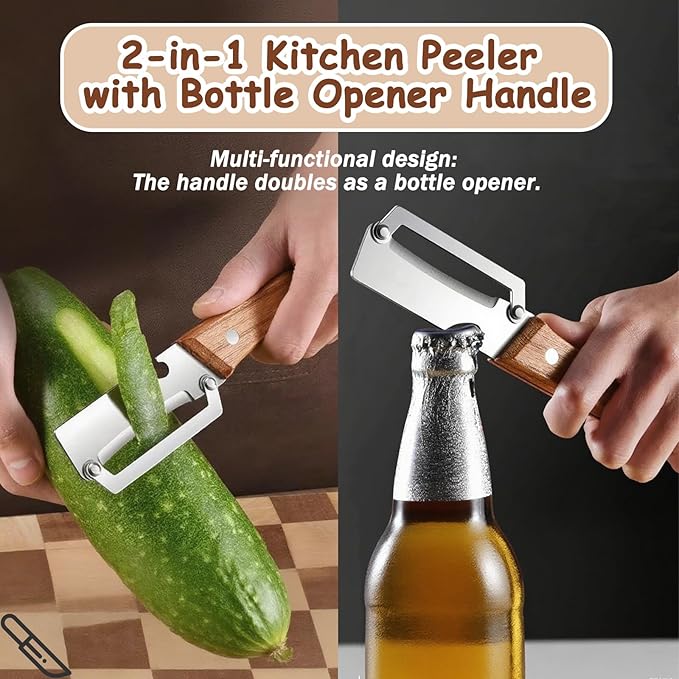 Premium Vegetable Peeler with Wooden Handle and Bottle Opener, Multi Functional Vegetable Peeler for Kitchen, Stainless Steel Blade Kitchen Tool for Vegetables or Fruits That Need to Be Peeled(1PCS) - Image 2