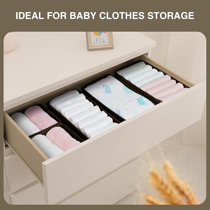 DIMJ Drawer Organizer Clothes, Underwear Drawer Organizer, Set of 4 Foldable Closet Drawer Bins, Fabric Drawer Dividers for Baby Clothes, Socks, Belt, Tie (Brown) - Image 3