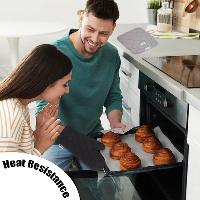 Oven Mitts and Pot Holders Sets,6 Pcs Oven Mitts and Potholders with Recycled Cotton High Heat Resistant Extra Thick Long Oven Mitts for Cooking(Black) - Image 5