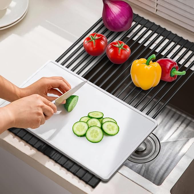 HANZENMA Roll Up Dish Drying Rack Over The Sink Kitchen Roll Up Sink Drying Rack Multipurpose Foldable Sink Drying Mat, Heat-Resistant, Anti-Slip & Anti-Rust Dish Rack for Kitchen, 17" x 13", Black - Image 5