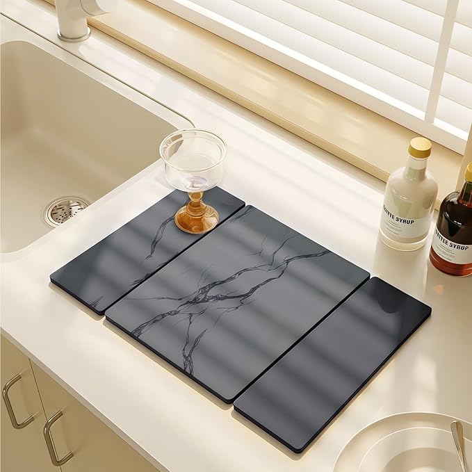 Large Stone Drying Mat for Kitchen Counter, 24"x16" Collapsible Quick Dry Dish Drying Mat, Water-Absorbent Marble Diatomaceous Earth Mats for Bottles Cups Dishes, Match Any Countertop - Image 2
