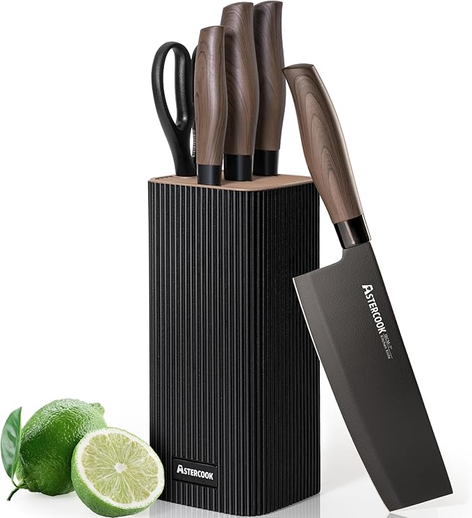 Astercook Knife Set, 6-Piece Kitchen Knife Set with Block, High Carbon Stainless Steel Ultra Sharp Kitchen Knives, Wood Grain Handle, Dishwasher Safe Knife Block Set, Black, Mothers Day Gifts by Astercook