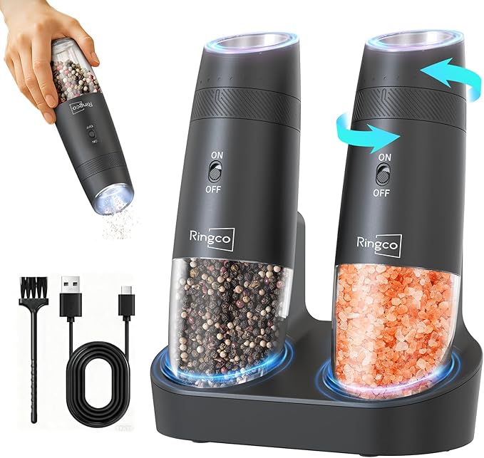 Gravity Electric Salt and Pepper Grinder Set with Charging Base, Automatic Gravity Salt and Pepper Mill with Adjustable Coarseness, LED Light, 135ml Large Capacity, Gifts for Women