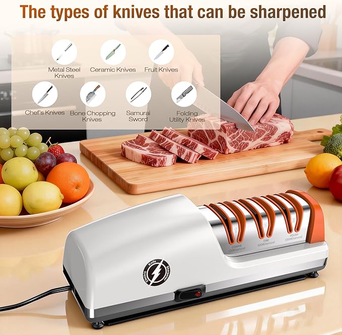 Replaceable Sharpener Electric Knife Sharpener, 3-Stage with 100% Diamond Abrasives & Precision Angle Guides, Kitchen Knife Sharpener with Sharpening and Polishing Function - Image 6