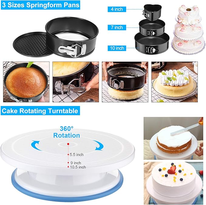 Cake Decorating Supplies,493 PCS Cake Decorating Kit 3 Packs Springform Cake Pans, Cake Rotating Turntable,48 Piping Icing Tips,7 Russian Nozzles, Baking Supplies,Cupcake Decorating Kit, Multicolor - Image 2