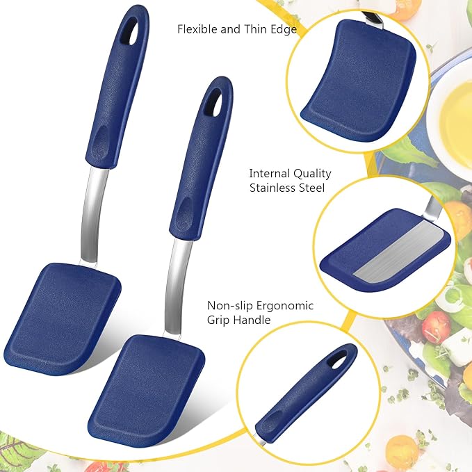 Silicone Cookie Spatula Turner 2 Pack Mini Brownie Spatula Flexible Kitchen Small Silicone Turner for Nonstick Cookware Heat Resistant No Scratch Flipper for Egg Pancake(Blue) - Image 3