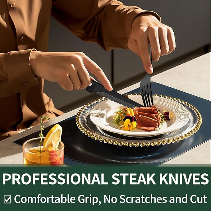 EWFEN 24-Piece Black Silverware Set with Steak Knives, Black Flatware Set for 4, Food-Grade Stainless Steel Tableware Cutlery Set, Mirror Finished Utensil Sets for Home Restaurant, Long Edge - Image 4